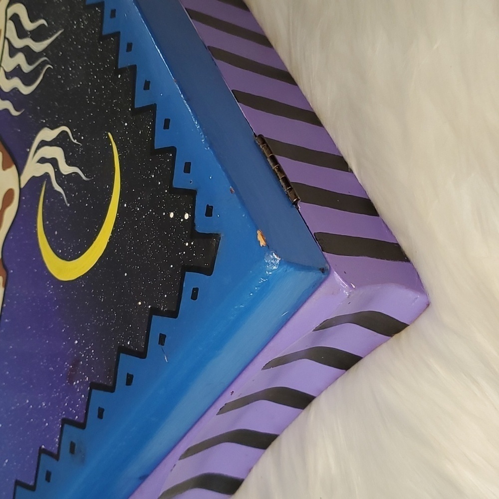 Y2K Handpainted Horse Stars & Moon Galaxy Purple Large Felt Lined Wooden Box - Picture 13 of 17